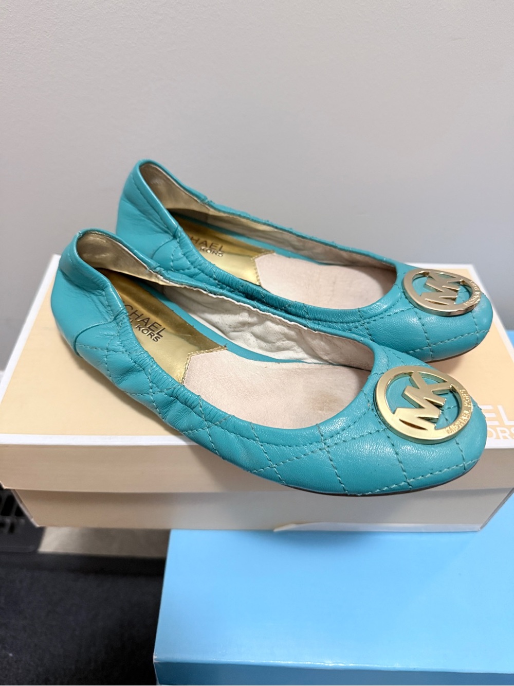 Michael Kors Teal Quilted Leather Logo Ballet Flats